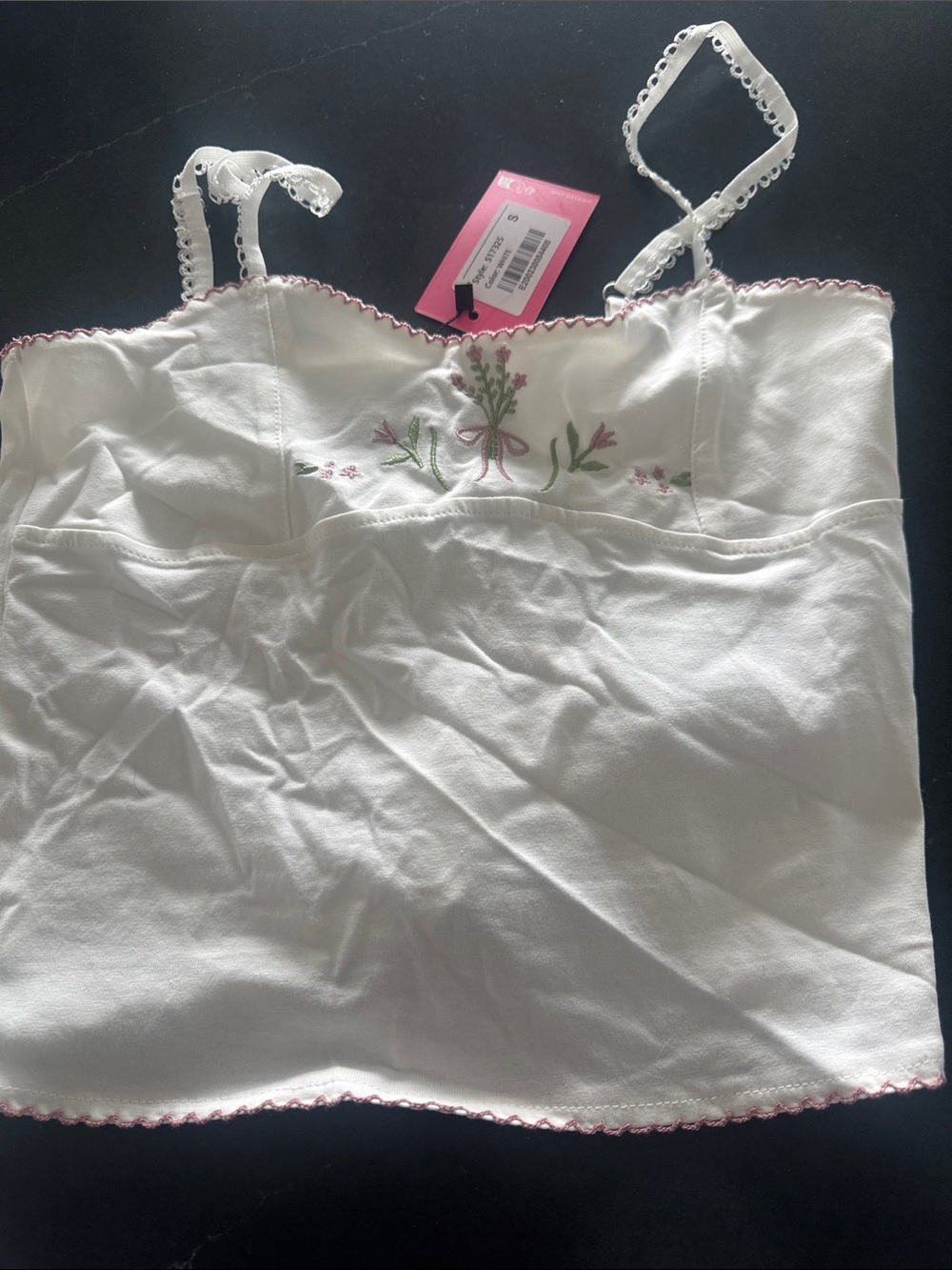 White Embroidered Cami Tank with Pink Trim